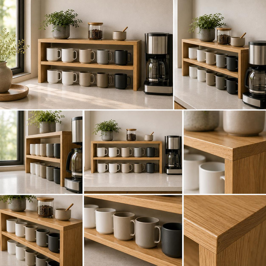 Add Extra Storage with a Countertop Mug Organizer | Japandi Solid Oak Coffee Station Shelf