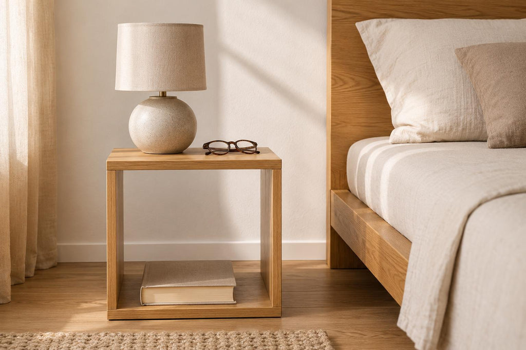 Bush 40 Japandi Solid Oak Cube – Scandinavian Style Bedside Shelf – Small Space Furniture