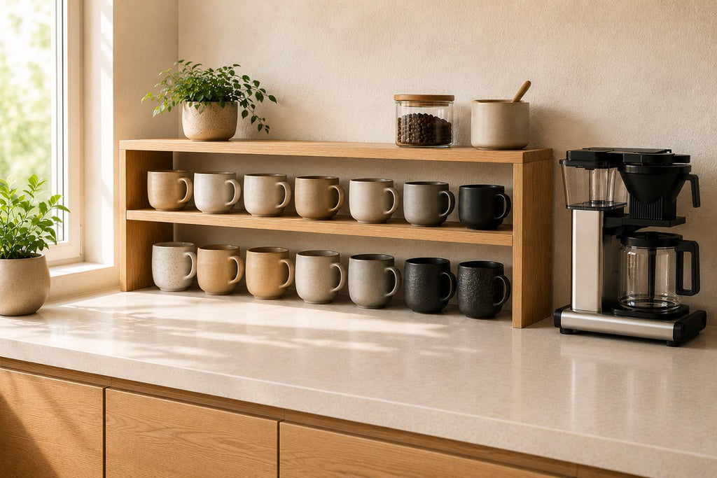 Add Extra Storage with a Countertop Mug Organizer | Japandi Solid Oak Coffee Station Shelf
