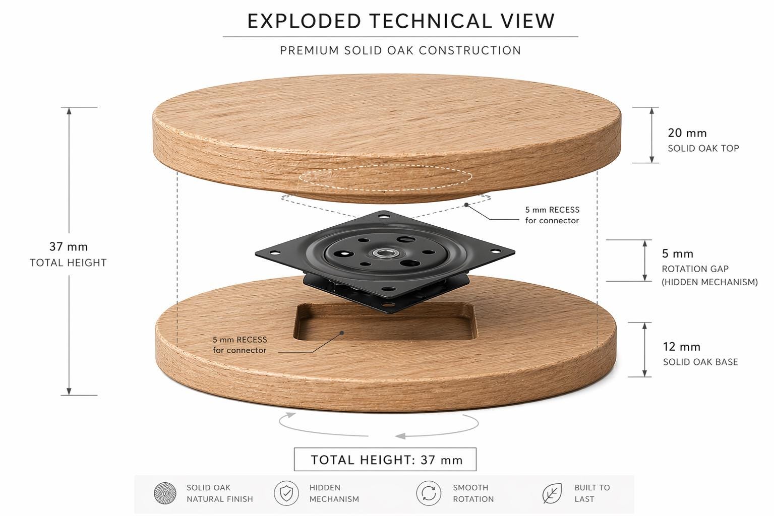 Solid Oak Lazy Susan Turntable – Hidden Rotation Dining Table Organizer
