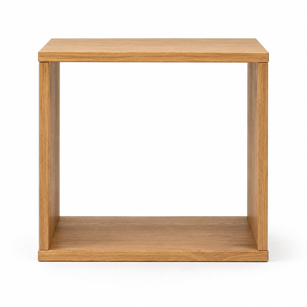 A square wooden side table or shelf with a warm oak finish, featuring a top surface, four vertical side supports, and a lower open shelf, shown on a plain white background.