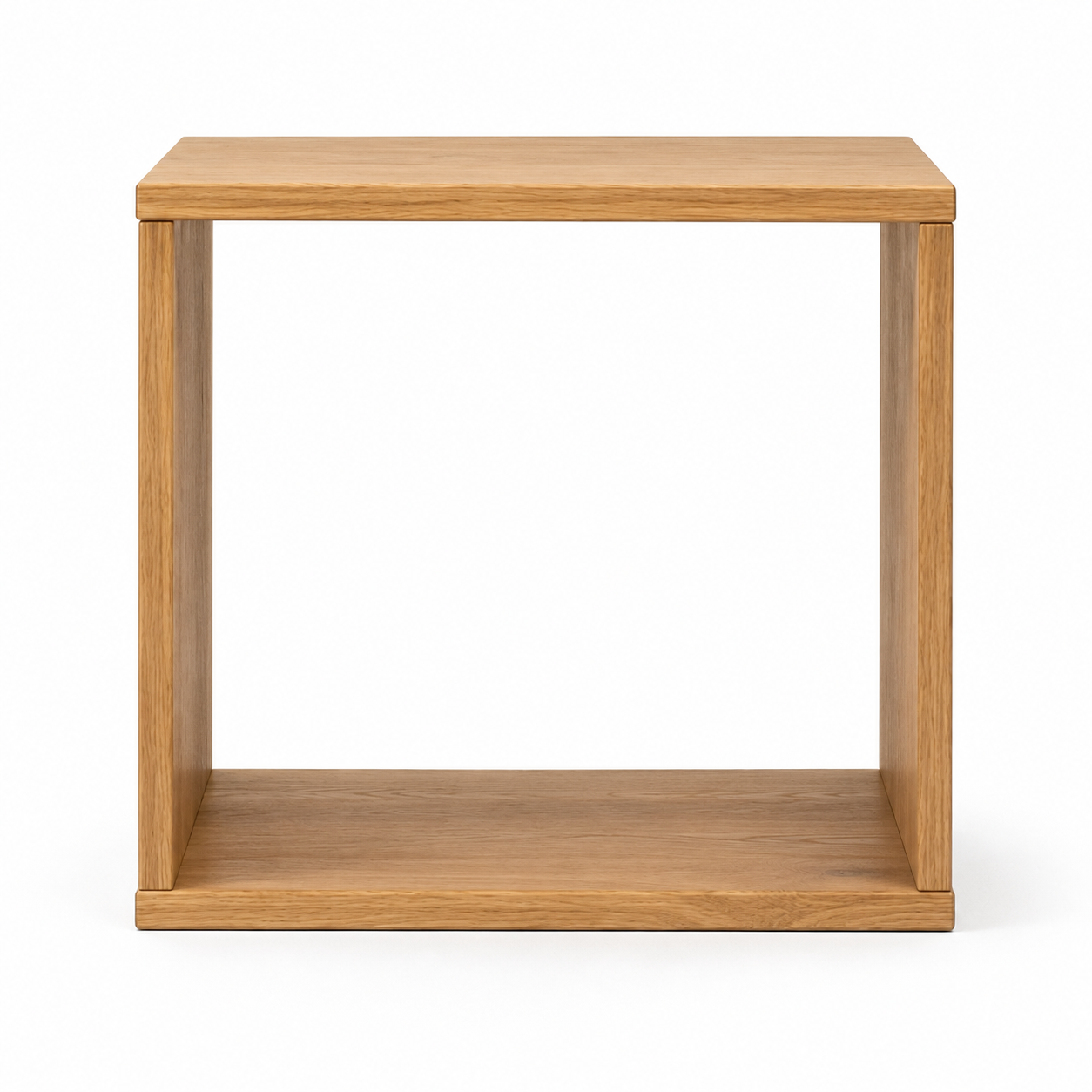 A square wooden side table or shelf with a warm oak finish, featuring a top surface, four vertical side supports, and a lower open shelf, shown on a plain white background.