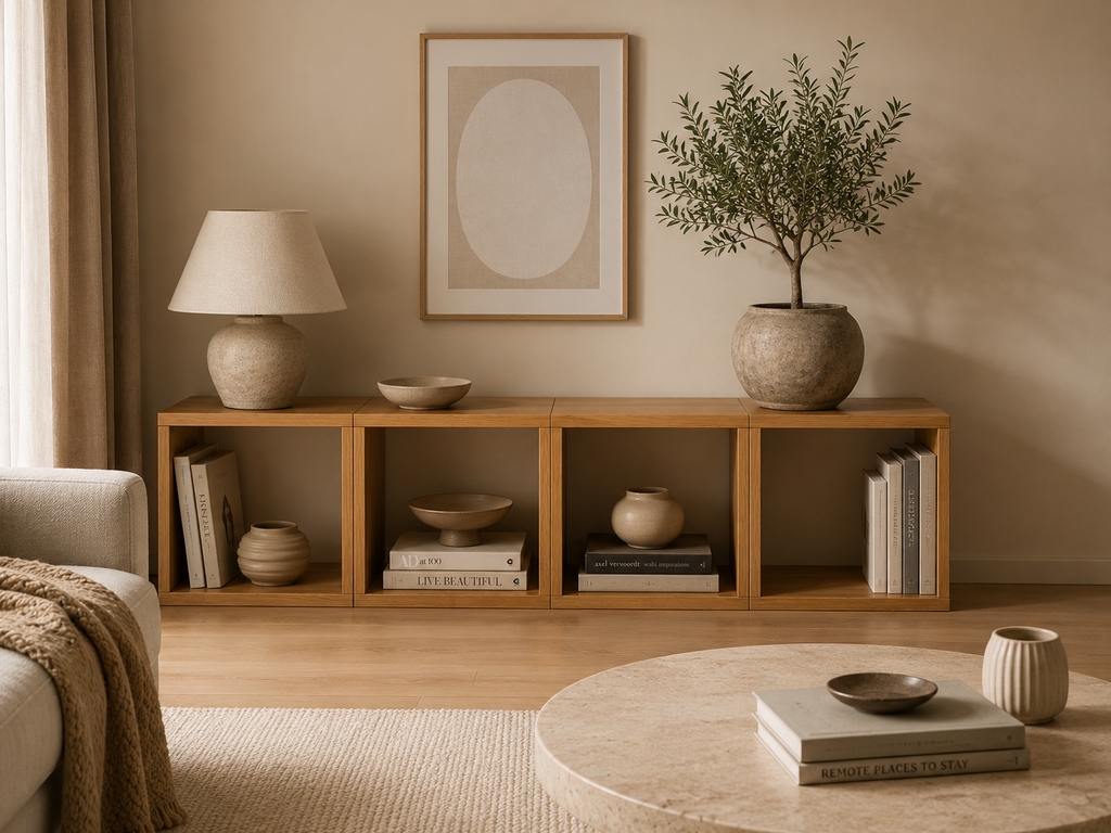 A warm, modern living room scene featuring a light wood three-compartment media console. The console is styled with a textured ceramic table lamp, a potted olive tree, books, and ceramic bowls, set against a beige wall with a framed art print.