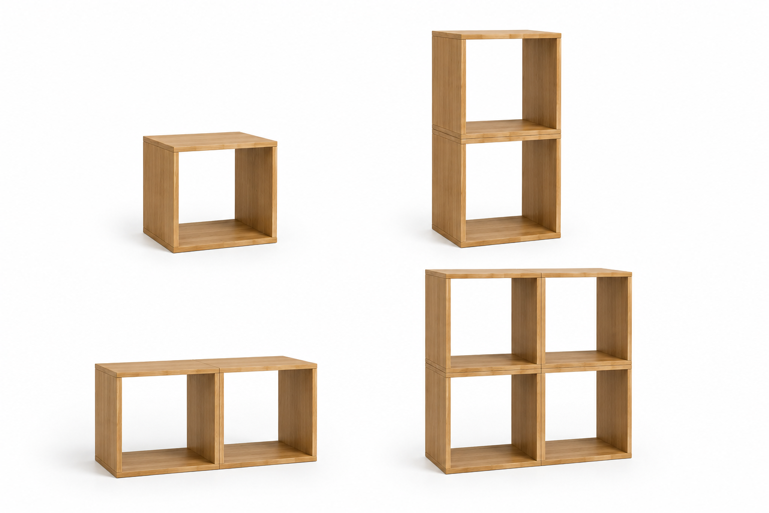 Four light oak wood cube shelving units in different sizes and configurations, arranged on a clean white background.