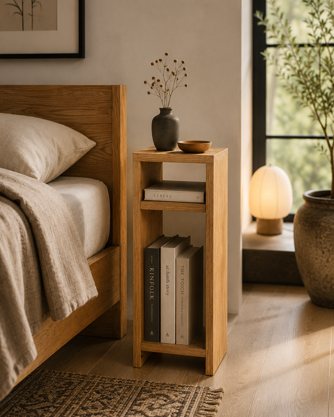 Solid Oak Narrow Bedside Table | Scandinavian & Japandi Nightstand
