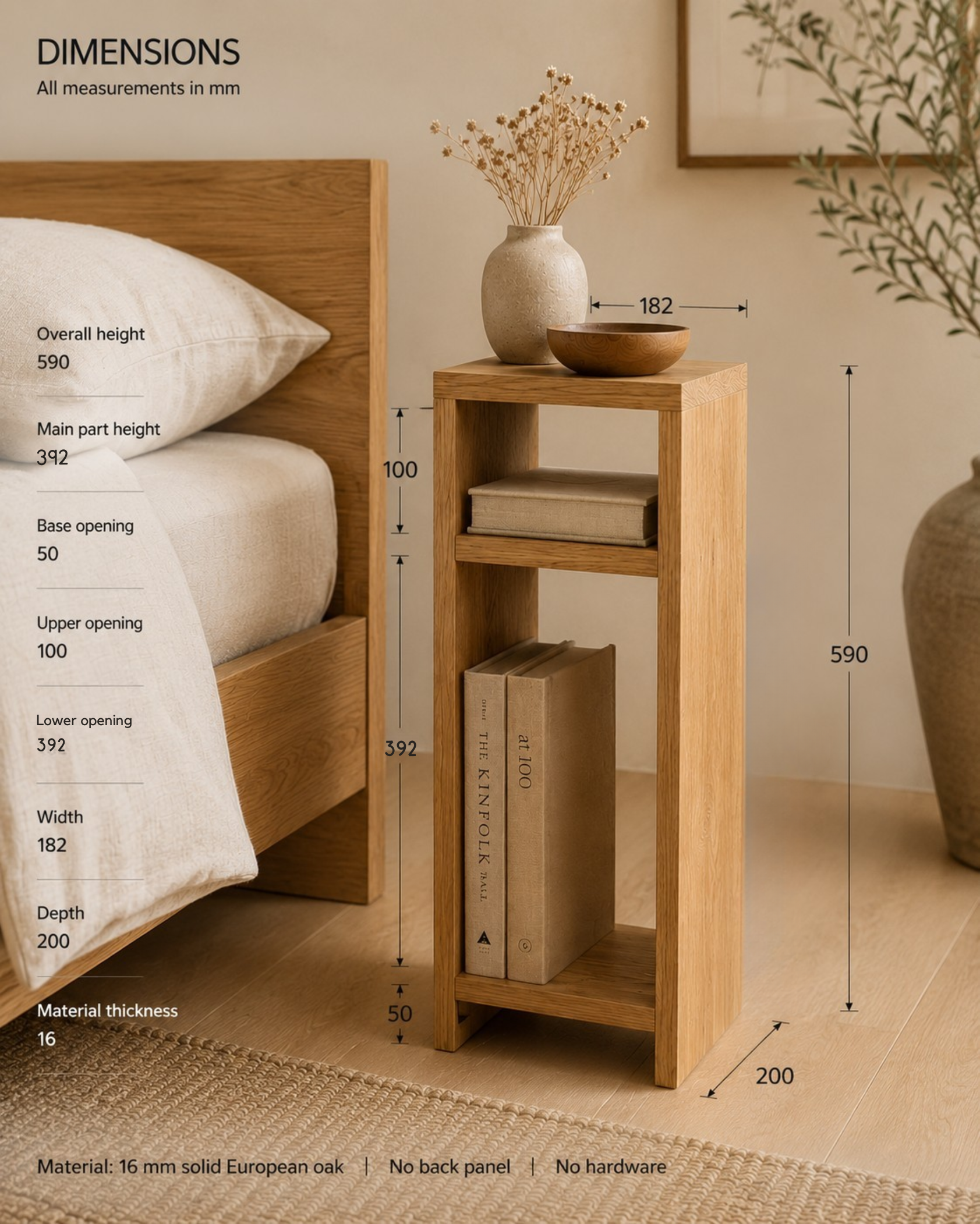 Solid Oak Narrow Bedside Table | Scandinavian & Japandi Nightstand