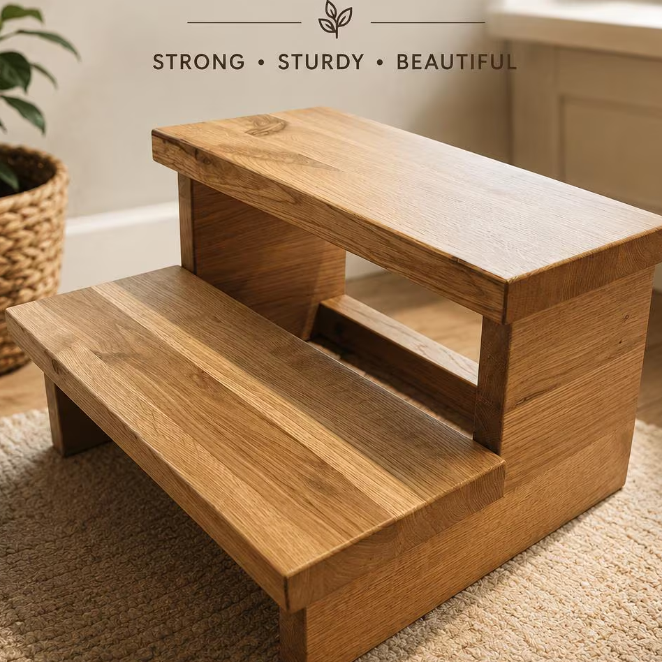 A handmade two-step wooden stool in a warm natural wood finish, shown in a bright indoor setting with text overlays highlighting its features and benefits.
