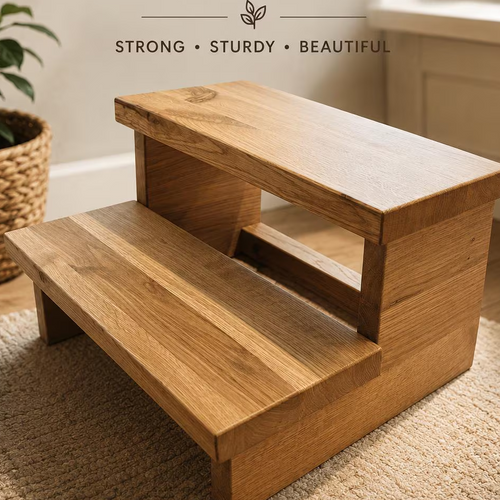 A handmade two-step wooden stool in a warm natural wood finish, shown in a bright indoor setting with text overlays highlighting its features and benefits.