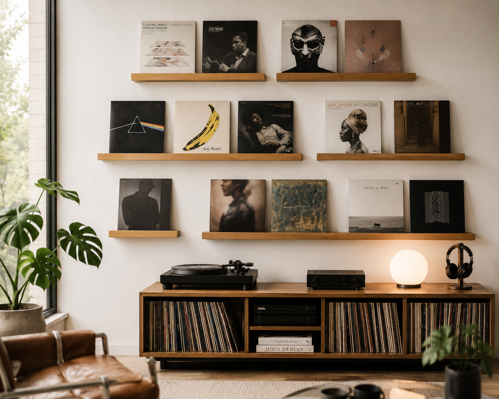 Vinyl Record Display Shelf | Floating LP Wall Mount | Solid Oak