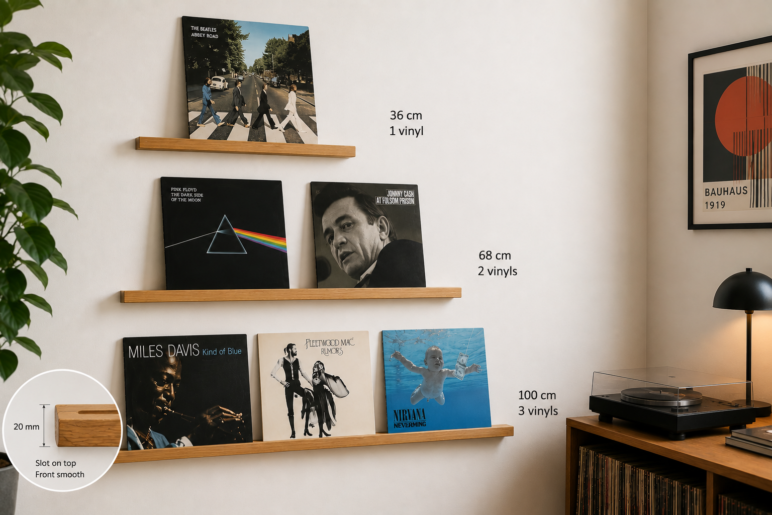 Vinyl Record Display Shelf | Floating LP Wall Mount | Solid Oak