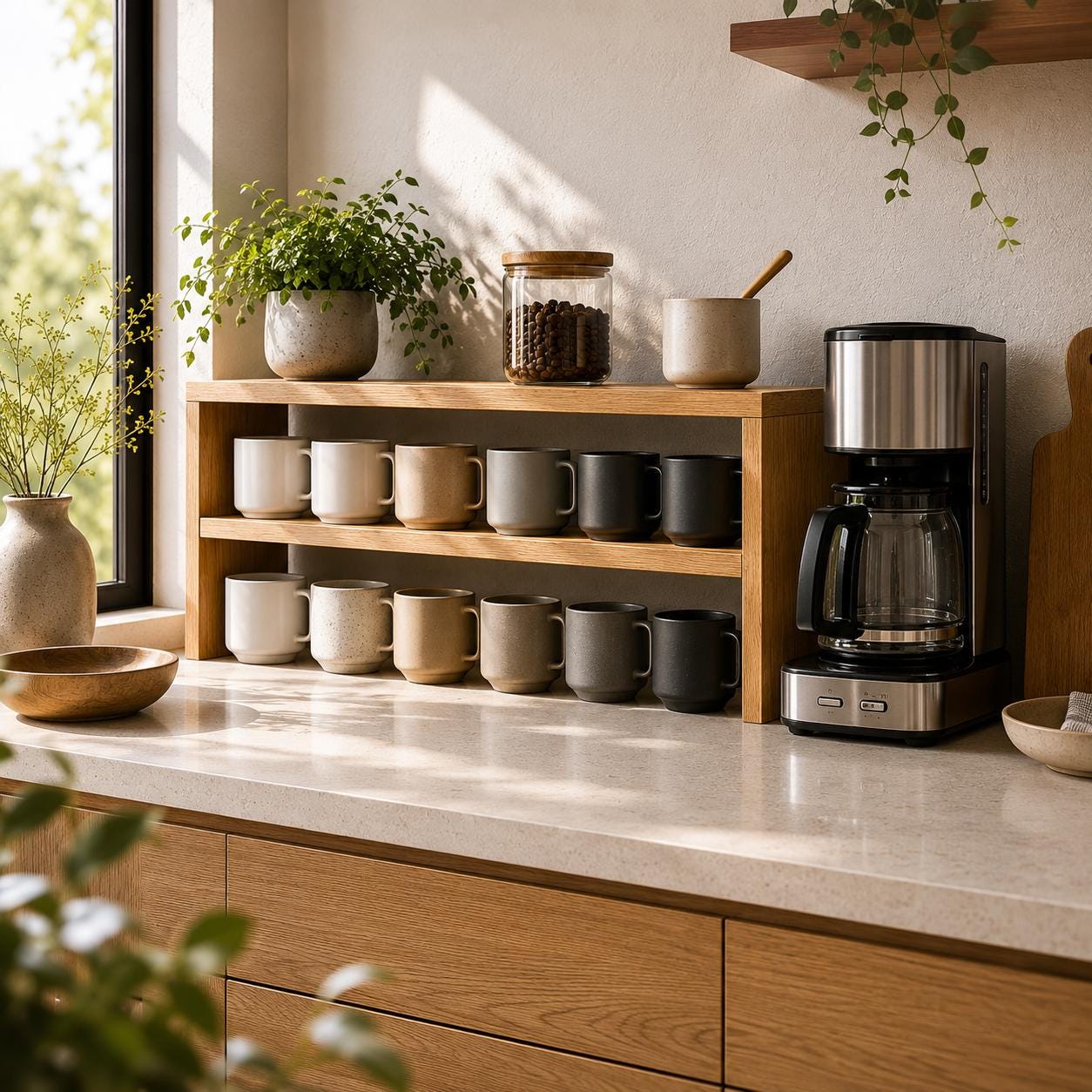 Add Extra Storage with a Countertop Mug Organizer | Japandi Solid Oak Coffee Station Shelf