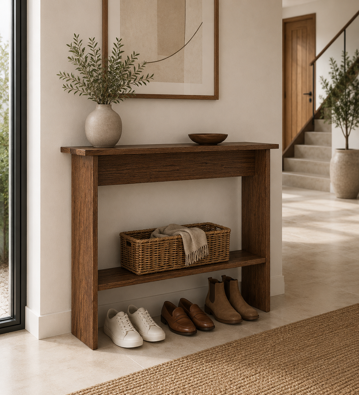 Solid Oak Narrow Console Table with Storage