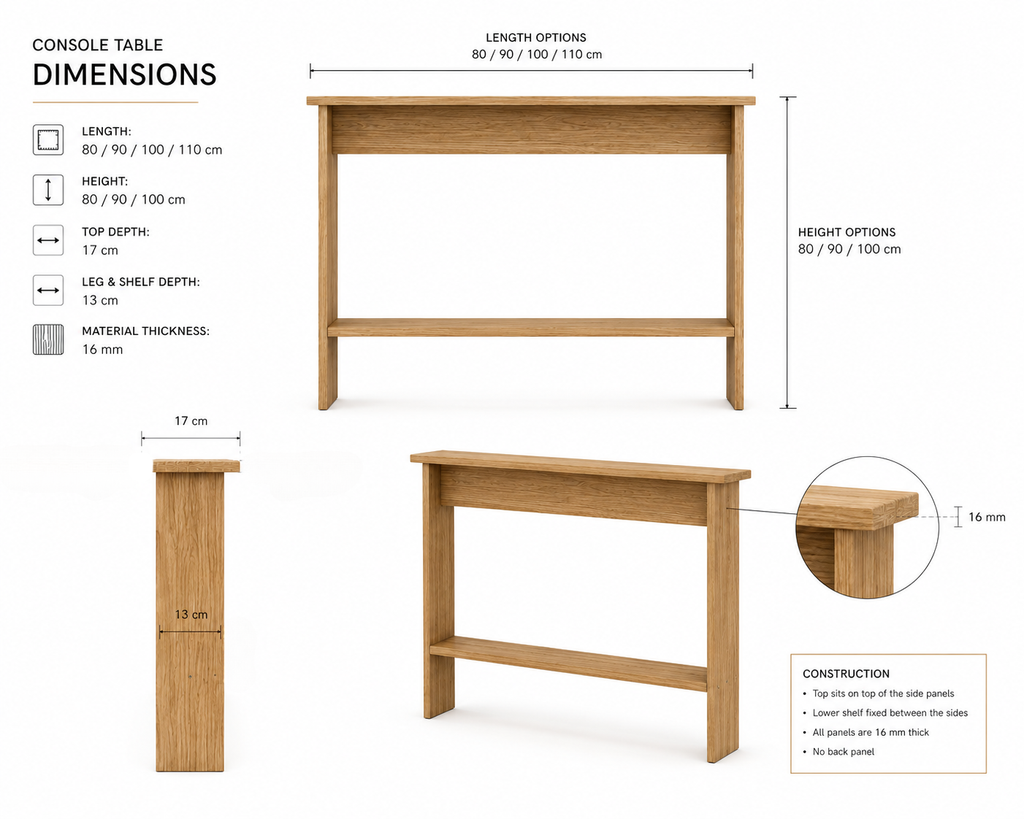 Solid Oak Narrow Console Table with Storage