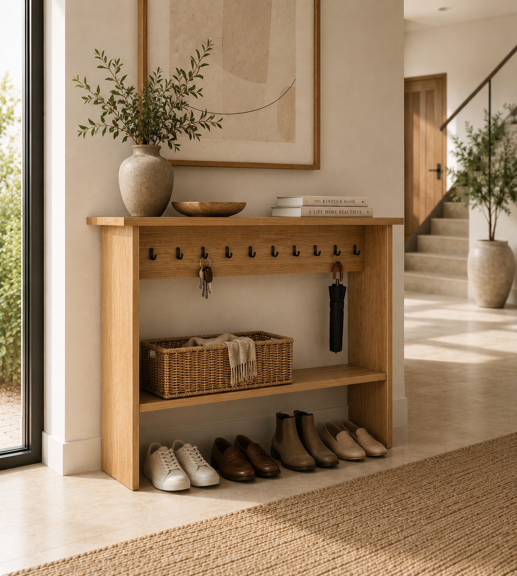 Solid Oak Narrow Console Table with Storage