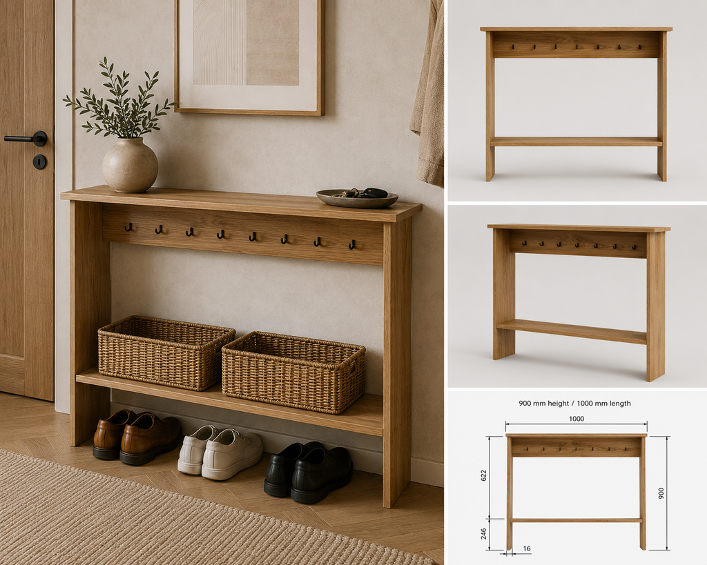 Solid Oak Narrow Console Table with Storage