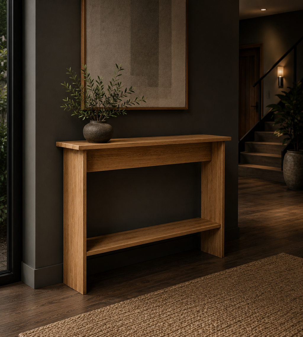 Solid Oak Narrow Console Table with Storage